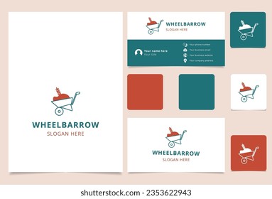 Wheelbarrow logo design with editable slogan. Branding book and business card template.