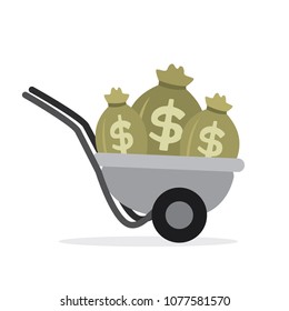 wheelbarrow with money,isolated on white background,flat vector illustration