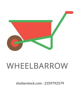 Wheelbarrow with one wheel for garden work flat vector icon. Cartoon drawing or illustration of garden or farm symbol on white background. Gardening, agriculture or farming concept