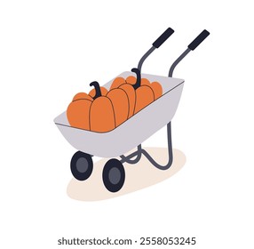 Wheelbarrow with orange pumpkins. Autumn harvest, fresh organic farm produce in wheel barrow. Fall seasonal vegetables in agriculture cart. Flat vector illustration isolated on white background