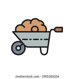 Wheelbarrow with organic fertilizer, manure, agriculture flat color line icon.