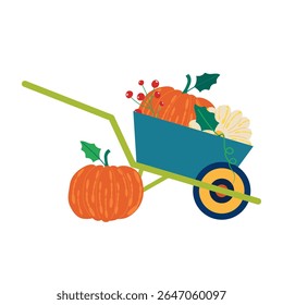 The wheelbarrow overflowed with freshnessly harvested pumpkins. Homegrown concept vector illustration.