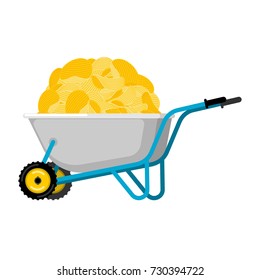 Wheelbarrow and potato chips. Fastfood fried potatoes in garden trolley. Vector Illustration
