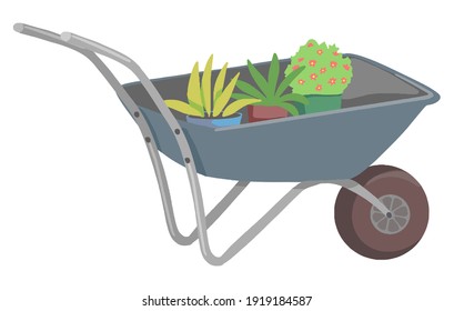 Wheelbarrow with potted plants, gardening tool. Hand drawn vector illustration. Colorful cartoon clipart isolated on white background. Single doodle element for design, print, decor, card, sticker etc