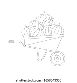 Flecha de ruedas con calabazas. El concepto de jardinería y trabajo en una parcela personal, un estilo de vida activo, trabajar en la naturaleza. Arte zen. Colores antiestrés. Ilustración vectorial plana.
