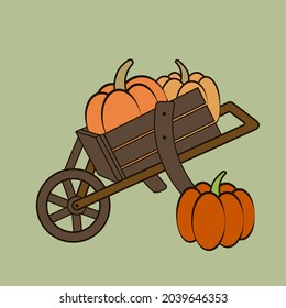 Wheelbarrow with pumpkins vector illustration. The illustration can be used as part of Halloween or Thanksgiving day card or invitation design.