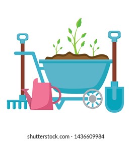 wheelbarrow rake shovel watering can tools decoration gardening flat design vector illustration