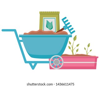 wheelbarrow rake soil plant tools decoration gardening flat design vector illustration