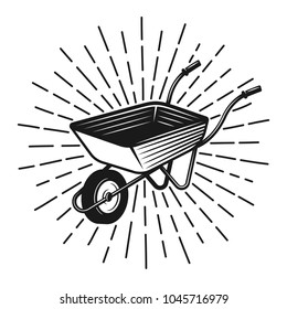 Wheelbarrow with rays vector monochrome illustration in vintage style isolated on white background