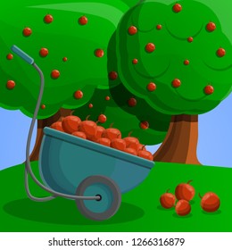 Wheelbarrow red apple concept banner. Cartoon illustration of wheelbarrow red apple vector concept banner for web design