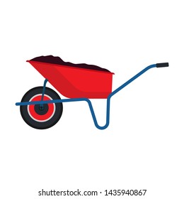 Wheelbarrow red garden vector tool equipment side view. Agriculture cart wheel cartoon farm. Flat lawn ground supplies