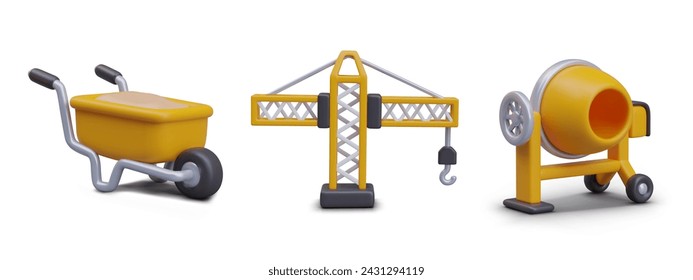 Wheelbarrow with sand, construction crane, empty concrete mixer