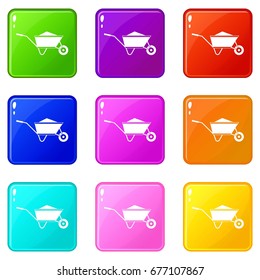 Wheelbarrow with sand icons of 9 color set isolated vector illustration