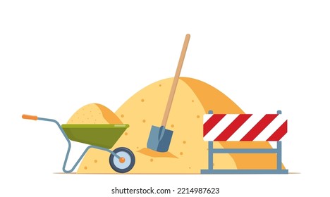 Wheelbarrow, Sand Pile, Shovel. Building Work Process Concept. Construction Equipment Vector Illustration