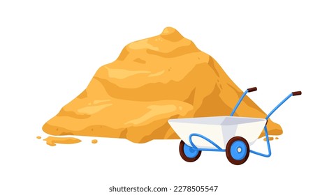 Wheelbarrow with sand pile. Wheel barrow and construction material heap for building. Agricultural carriage, wagon. Flat vector illustration isolated on white background