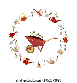 Wheelbarrow with seedling of young plants in a round frame. Equipment for garden. Frame made of watering cans, seeds, water drops and garden tools. Flat style Vector Illustration isolated on white Bac