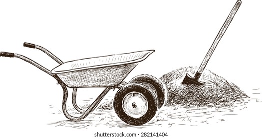 wheelbarrow and shovel