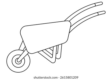 Wheelbarrow. Side view. Cart with handles on one wheel for transporting goods. Sketch. Vector illustration. Transport for gardening and construction work. Outline on an isolated white background. 
