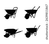 Wheelbarrow Silhouette Icon Set Construction Worker and Farmer Pushing Cart Vector Illustration on White Background