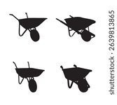 Wheelbarrow Silhouette Icon Set Construction Worker and Farmer Pushing Cart Vector Illustration on White Background