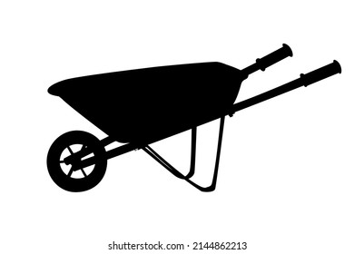 Wheelbarrow silhouette isolated on white background.Garden wheelbarrow icon.Barrow side view black sign.Handcart with wheel. Wheelbarrow with handles.Farm gardening tool for carriage of cargoes.Vector