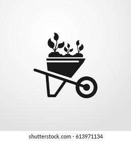 wheelbarrow with sprouts icon. vector sign symbol on white background