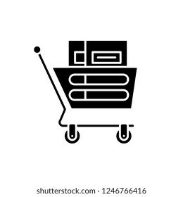 Wheelbarrow in the supermarket black icon, vector sign on isolated background. Wheelbarrow in the supermarket concept symbol, illustration 
