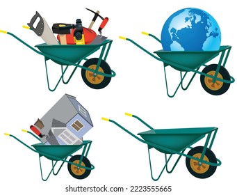 Wheelbarrow transports equipment for home construction, planet