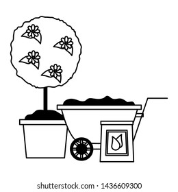 wheelbarrow tree flower soil tools decoration gardening flat design vector illustration