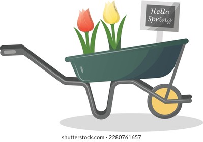 Wheelbarrow with tulips illustration  spring vector isolated garden kruiwagen