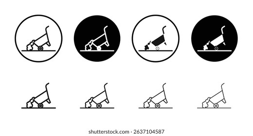 wheelbarrow unloading icon Black line art vector logo set