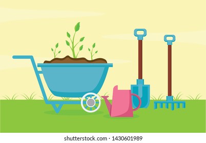 wheelbarrow watering can watering can shovel rake decoration gardening flat design vector illustration