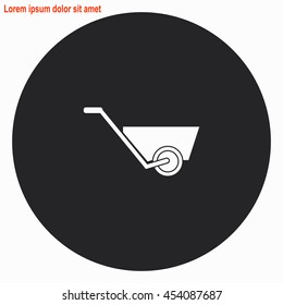 Wheelbarrow web icon. Gray circle button with white illustration.