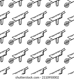 Wheelbarrow with wheel for vegetable garden seamless pattern vector, hand drawn.