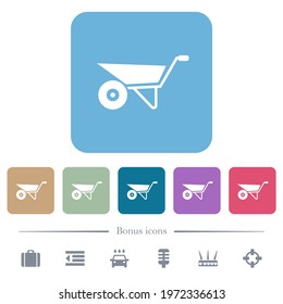 Wheelbarrow white flat icons on color rounded square backgrounds. 6 bonus icons included