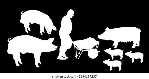 Trabalhador de caravana alimenta suínos família vetor silhueta isolada. Trabalhador carregador carregando comida para javali faminto, porca, forma de leitões. Animais domésticos que se alimentam com carroça. Villager homem trabalho de fazenda. 