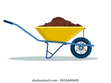 Wheelbarrow yellow garden tool equipment side view with dirt.. Agriculture cart wheel cartoon farm icon. Isolated on a white background. Vector illustration in flat style