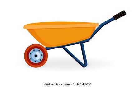 Wheelbarrow yellow garden vector tool equipment side view. Agriculture cart wheel cartoon farm. Flat lawn ground supplies.Vector image isolated on white background 