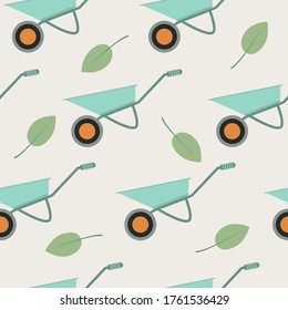 Wheelbarrows and green leaves on light background, vector seamless pattern. Gardening tools repeat backdrop. Textile, wallpaper design idea
