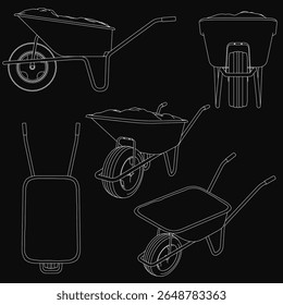 Os carrinhos de rodas destacam-se contra um fundo preto com contornos brancos nítidos, criando um contraste impressionante. A composição minimalista destaca seu design simples, mas funcional.
