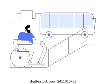 Ilustración vectorial abstracta de acceso en silla de ruedas. Un hombre en silla de ruedas entra en el autobús, transporte urbano, transporte público para pasajeros discapacitados metáfora abstracta.