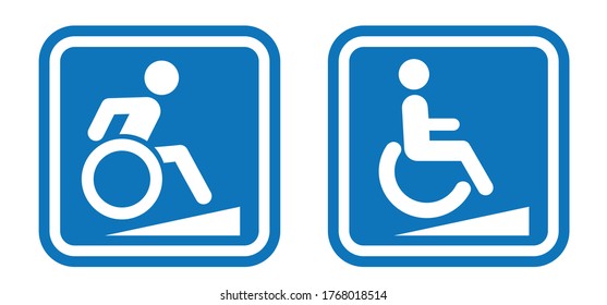 Wheelchair Access. Cartoon Wheelchair Ramp. Vector Handicap Sign. Person, People With Disability Or Physical Handicap. Medical Health Seat Symbol. Stickman, Stick Figures Man. Obstacle Or Obstruction.