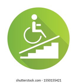 Wheelchair access green flat design long shadow glyph icon. Accessible to handicap people. Wheelchair ramp sign. Apartment amenities. Architectural barriers. Vector silhouette illustration