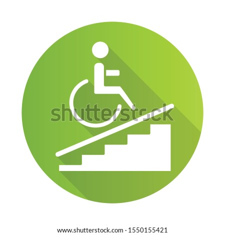Wheelchair access green flat design long shadow glyph icon. Accessible to handicap people. Wheelchair ramp sign. Apartment amenities. Architectural barriers. Vector silhouette illustration