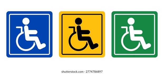 Wheelchair accessibility icon set for disabled access signage and inclusive design. Ideal for public facilities, wayfinding systems, apps, and websites. Clean flat style, fully editable, scalable, and ready for commercial use.