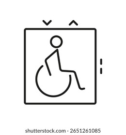 Rollstuhlgerecht zugängliches Aufzugssymbol. Gliederungssymbol für behindertenfreundlichen Aufzug. inklusive Mobilitäts- und Barrierefreiheitsdesign. Bearbeitbarer Strich. Isolierte Vektorgrafik.