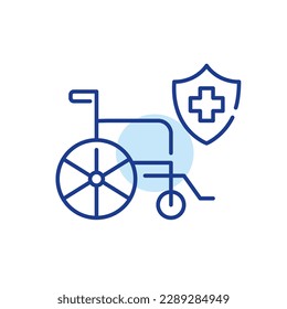 Wheelchair and accident rehabilitation covered by health insurance. Pixel perfect, editable stroke line icon