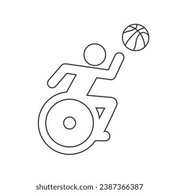 Wheelchair athlete playing basketball flat vector line icon for sports apps and websites