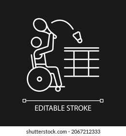 Wheelchair badminton white linear icon for dark theme. Sport competition. Sportsman with disability. Thin line customizable illustration. Isolated vector contour symbol for night mode. Editable stroke