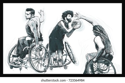 WHEELCHAIR BASKETBALL.- Athletes with physical disabilities. An hand drawn vector. Note - Any accurate photo original for this picture, original is created by me.